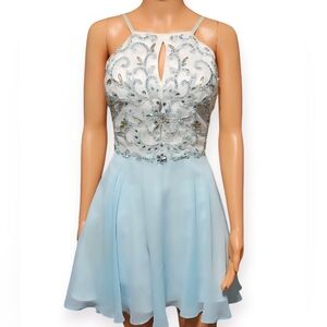 Xscape Blue and White Embellished Mini Dress